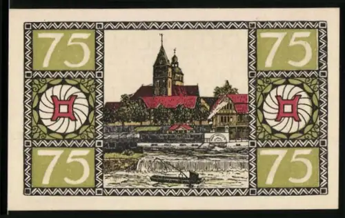 Notgeld Hameln 1921, 75 Pfennig, Ortsansicht und dekorativen Muster