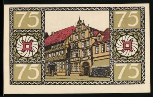 Notgeld Hameln 1921, 75 Pfennig, historisches Gebäude und Verzierungsmuster