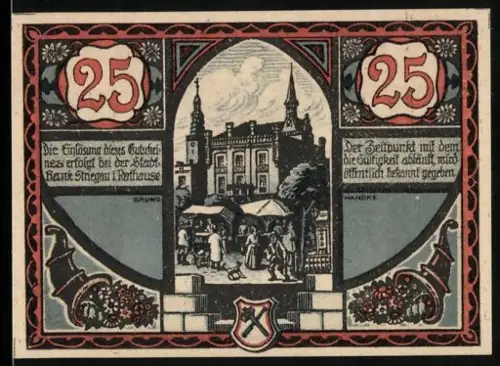 Notgeld Striegau i. Schl. 1920, 25 Pfennig, Marktszene und Wappen mit zwei Figuren