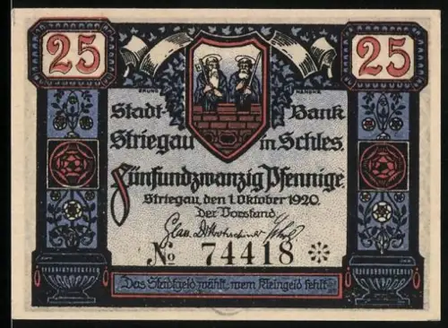 Notgeld Striegau i. Schles. 1920, 25 Pfennig, Stadtwappen und Marktszene
