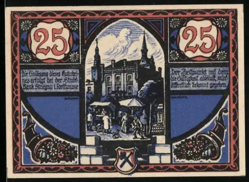 Notgeld Striegau i. Schl. 1920, 25 Pfennig, Markt mit Gebäude und Wappen
