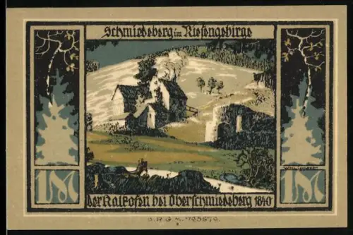 Notgeld Schmiedeberg i. R., 1 Mark, Kalkofen und Kriegerdenkmal mit Wappen