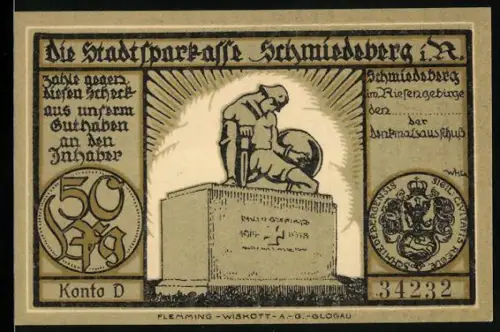 Notgeld Schmiedeberg i. R., 50 Pf, Denkmal und Landschaft mit Schneekoppe