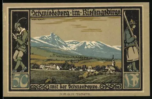 Notgeld Schmiedeberg i. Rsgb., 50 Pf., Landschaftspanorama und Denkmal mit Soldatenskulptur, Wappen