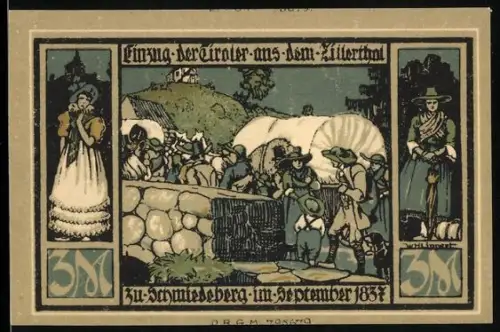 Notgeld Schmiedeberg i. R., 3 Mark, Einzug der Tiroler und Ehrenmal