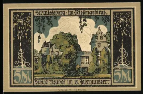 Notgeld Schmiedeberg i. Rsgb. 1921, 5 Mark, Schlossansicht und Denkmal