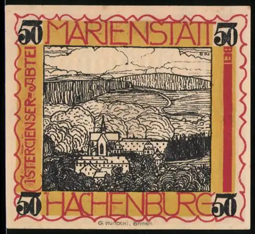 Notgeld Hachenburg 1921, 50 Pf, Zisterzienser-Abtei Marienstatt, Wappen Hachenburg