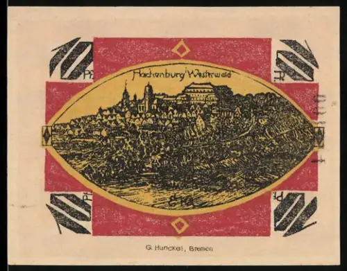 Notgeld Hachenburg im Westerwald 1921, 10 Pfennig, Ortsansicht mit Burg