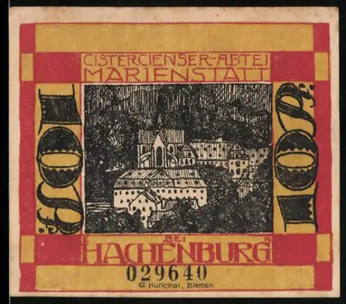 Notgeld Hachenburg 1921, 10 Pf, Cistercienser-Abtei Marienstatt, Wappen der Stadt Hachenburg