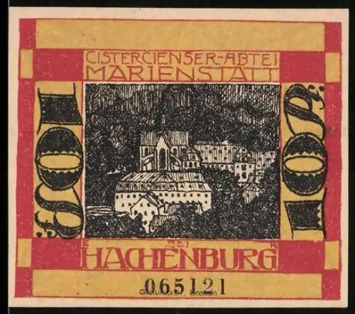 Notgeld Hachenburg 1921, 10 Pf, Abtei Marienstatt und Stadtwappen