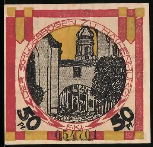 Notgeld Hachenburg 1921, 50 Pf, Schlossbogen-Motiv mit Wappen