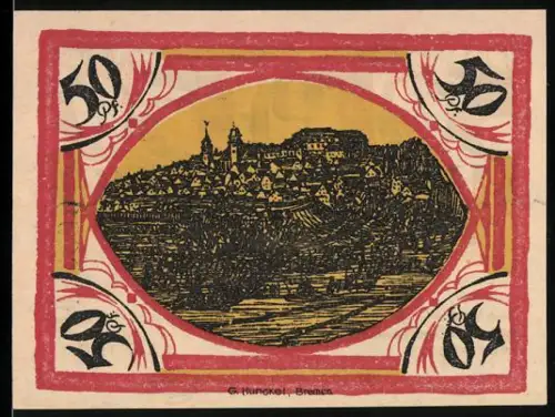 Notgeld Hachenburg 1921, 50 Pf, Ortsansicht und Wappen von Hachenburg