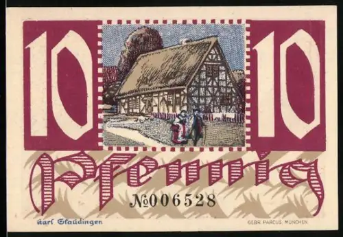 Notgeld Montabaur 1920, 10 Pfennig, Fachwerkhaus und Engel mit Stadtwappen