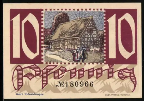 Notgeld Montabaur 1920, 10 Pfennig, Fachwerkhaus und Engel mit Stadtwappen