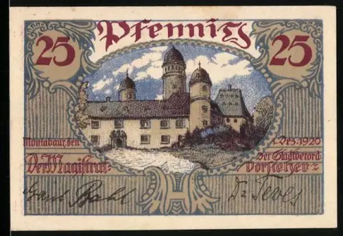 Notgeld Montabaur 1920, 25 Pfennig, Schlossansicht mit Ornamentik