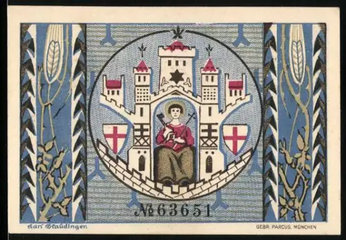 Notgeld Montabaur 1920, 50 Pfennig, Stadtmotiv mit Wappen und Getreideornamenten