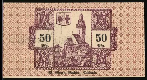 Notgeld Corbach 1920, 50 Pfennig, Ortsansicht mit Kirche und Wappen