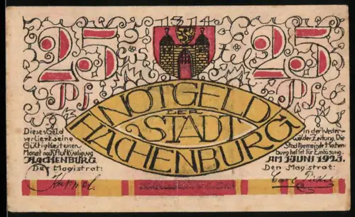 Notgeld Hachenburg 1921, 25 Pf, Wappen und Stadtszene mit Kirche und Brunnen
