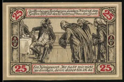 Notgeld Greiffenberg i. Schl. 1922, 25 Pf, Friedrich der Grosse und Stadtwappen mit Ritter und Greif
