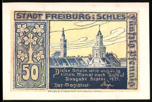 Notgeld Freiburg i. Schles 1921, 50, Ortsansicht und Schloss Fürstenstein im Wald