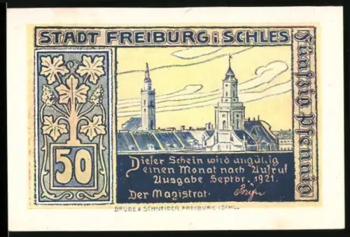 Notgeld Freiburg /Schles. 1921, 50 Pfennig, Ortsansicht und Burgeingang im Sonnenschein