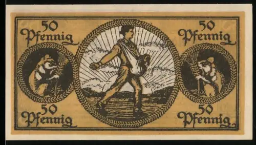 Notgeld Erbach i. Odw. 1918, 50 Pfennig, Sämann-Motiv mit zwei Hamstern