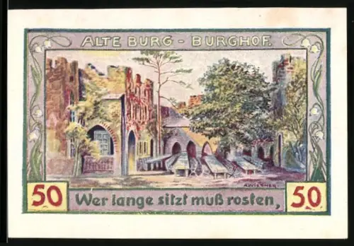 Notgeld Freiburg i. Schles. 1921, 50 Pfennig, Alte Burg und Stadtsilhouette mit Türmen