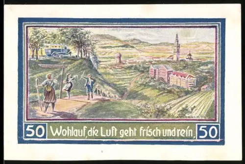 Notgeld Freiburg i. Schl. 1921, 50 Pfennig, Landschaft mit Wanderern und Ortsansicht mit Türmen