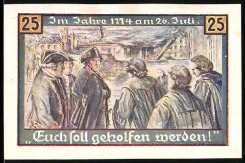 Notgeld Freiburg /Schlesien 1921, 25 Pfennig, historische Szene mit Offizier und Bürgern, Stadtwappen
