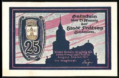 Notgeld Freiburg /Schlesien 1921, 25 Pfennig, Stadtwappen und Gebäudesilhouette, Webstuhl und Spinnrad
