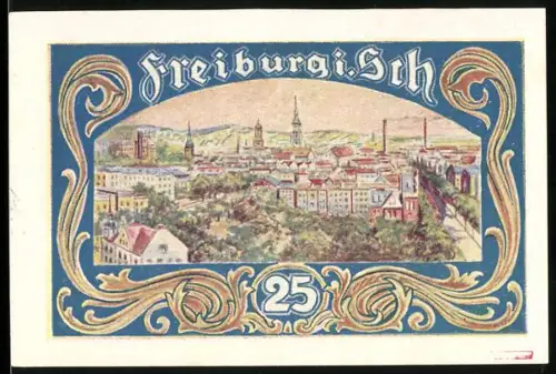 Notgeld Freiburg i. Sch. 1921, 25 Pfennig, Ortsansicht und Wappen