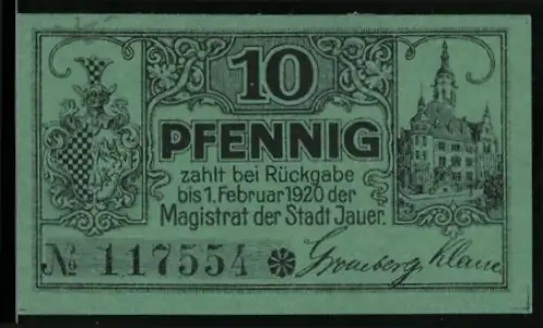 Notgeld Jauer 1920, 10 Pfennig, Ortsansicht und Wappen