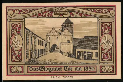Notgeld Guhrau, 1 Mark, Das Glogauer Tor um 1850 und Wappen mit Stadttor und Frau mit Schwert
