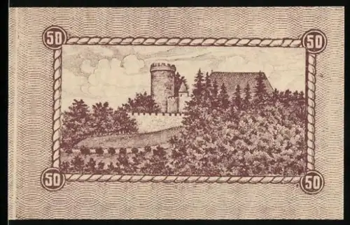 Notgeld Biedenkopf 1921, 50 Pfennig, Burg mit Bäumen und Stadtwappen