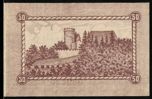 Notgeld Biedenkopf 1920, 50 Pfennig, Burg und Wälder, Wappen der Stadt