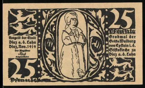 Notgeld Diez a. d. Lahn 1919, 25 Pfennig, Grabmal der Gräfin Walburga und Ortsansicht