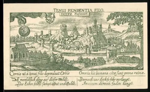 Notgeld Diez 1920, 10, Ortsansicht mit lateinischem Spruch und Landschaft