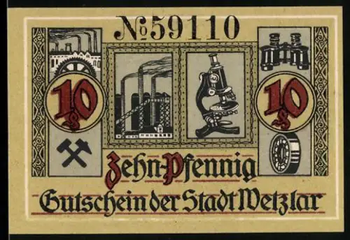 Notgeld Wetzlar 1920, 10 Pfennig, Zahnrad, Fabrik, Mikroskop, Fernrohr