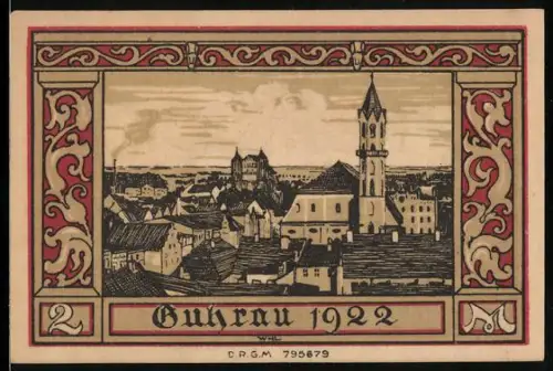 Notgeld Guhrau 1922, 2 Mark, Ortsansicht und Wappen