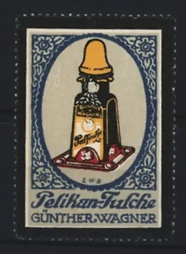Reklamemarke Pelikan-Tusche, Günther Wagner, Tuscheflasche