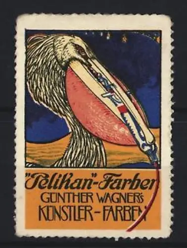 Reklamemarke Pelikan, Günther Wagner`s Künstler-Farben, Pelikan mit Farbtube