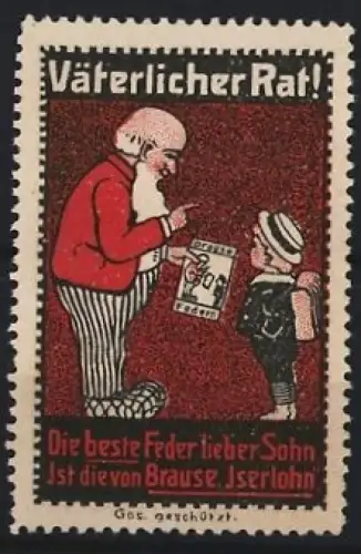 Reklamemarke Iserlohn, Brause-Schreibfeder, Vater mit Sohn und Zeichenblock