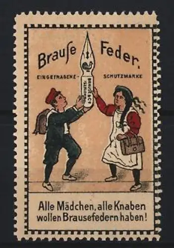 Reklamemarke Brausefeder, Kinder Halten Schreibfeder empor
