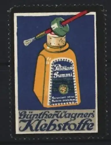 Reklamemarke Pelikan Gummi, Klebstoffflasche mit Pinsel