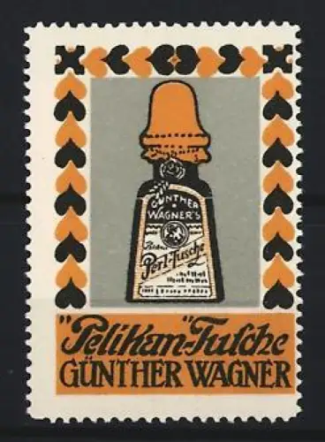 Reklamemarke Pelikan-Tusche, Günther Wagner, Tintenflasche