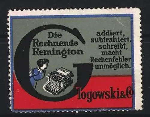 Reklamemarke Glogowski & Co, Die Rechnende Remington, Schreibmaschine und Frau