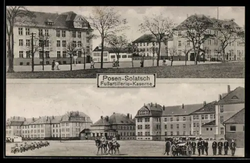 AK Posen-Solatsch, Fussartillerie Kaserne, Soldaten im Hof, Kanone, Reiter