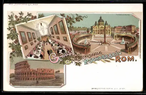 Lithographie Rom, Gasthaus Gambrinushalle Pschorrbräu, Coloseum, Peterskirche