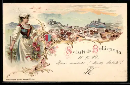 Lithographie Bellinzona, Panorama, Frau in Tracht