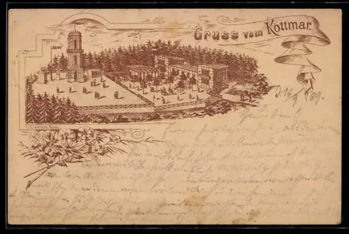 Vorläufer-Lithographie Ganzsache PP6 F85 /04: Eibau, 1889, Kottmar, Gasthaus und Aussichtsturm